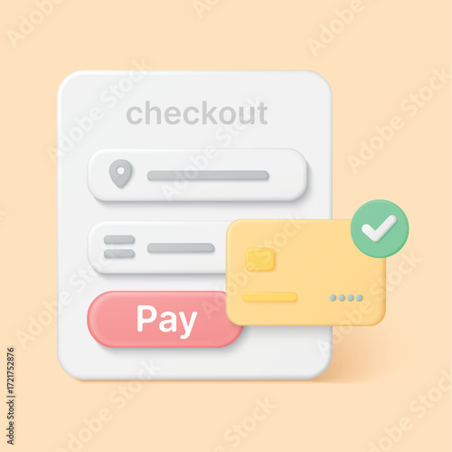 Modern 3D checkout interface with payment card and pay button for secure online shopping, digital transactions, and e-commerce websites vector illustration