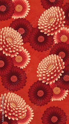 A vibrant red japanese textile pattern featuring stylized chrysanthemums in varying shades of red and pink, creating a rich and textured design