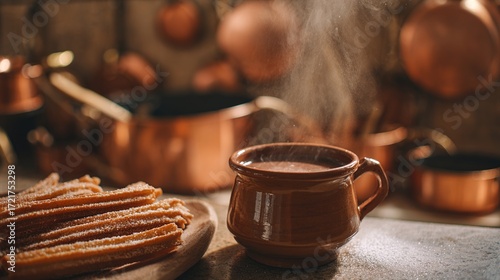 churros. A clay cup of hot chocolate with churros, capturing the warmth of Spanish National Day. menu design, packaging mockups, designed for culinary blogs and recipe cards for restaurants.