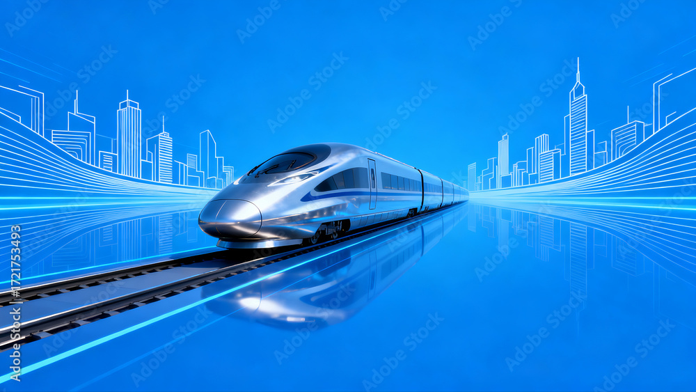 Fototapeta premium High-speed train passing through city landscape