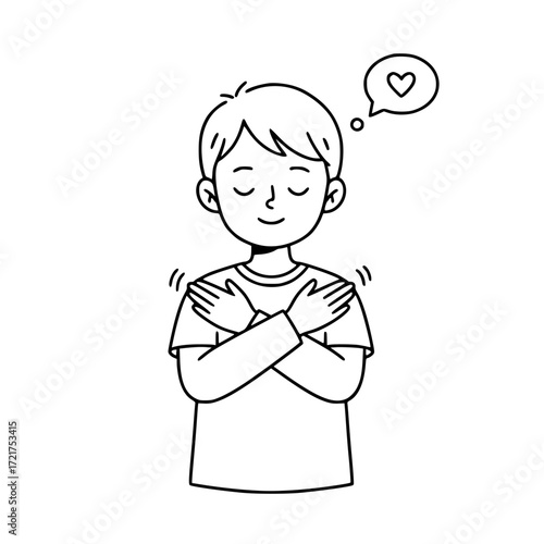 Boy hugging himself love heart outline illustration