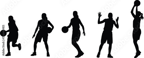 Basketball player silhouette in action poses, dribbling, jumping, defending, shooting, isolated on white background, sports movement concept illustration