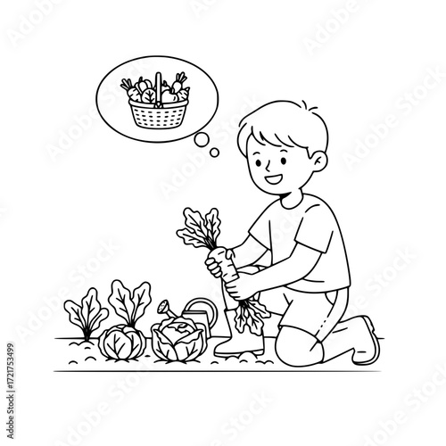 Boy gardening harvesting vegetables outdoor nature activity illustration