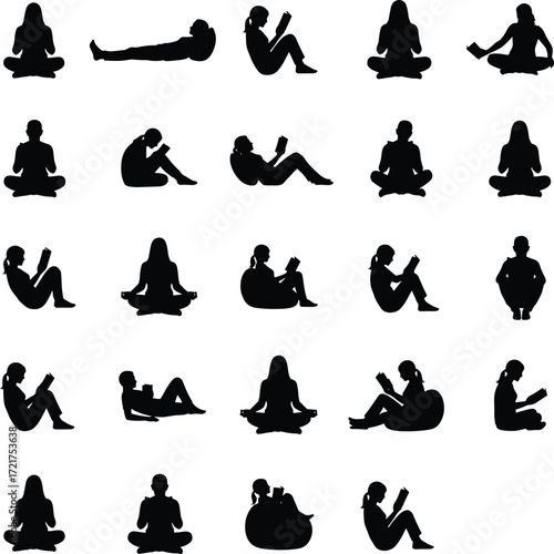 Black silhouette vector set of people reading books in various seated and reclined positions, relaxing, studying, and enjoying literature indoors