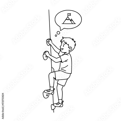 Boy imagining mountain climbing practice adventure outline illustration