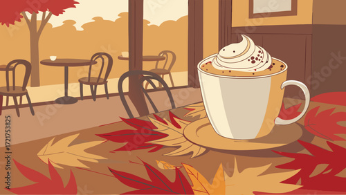 Cozy Autumn Cafe Scene with Hot Coffee and Whipped Cream, Surrounded by Vibrant Fall Leaves; Warm Seasonal Beverage Illustration