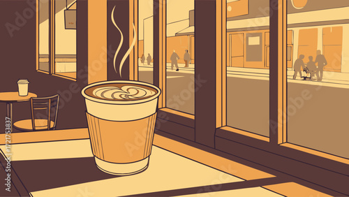 Steaming Coffee Cup in Cozy Cafe Window with Urban Street View Illustration, Warm Sunlight and City Life Reflection