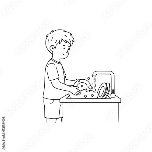 Boy washing dishes kitchen cleaning household chore illustration