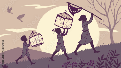Silhouetted Youth Marching Uphill with Birdcages and Flag Towards Freedom at Sunset, Symbolizing Liberation and Hope