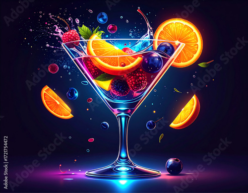 Vibrant cocktail glass filled with fruit, splashing with vibrant colors and fruit pieces.