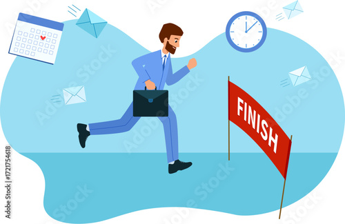 Emergency escape and evacuation concept. Businessman is late for work or meeting. Human is running from work. Vector illustration flat design.