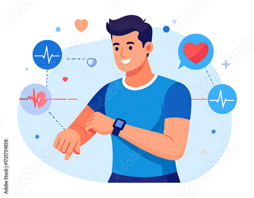 A smiling man checks his fitness tracker, surrounded by heart rate and health data visualizations.