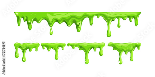 Green slime drip and splatter set, cartoon goo border collection, vector illustration, Halloween slime design