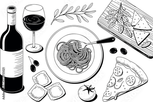 Delicious Italian Food Still Life Illustration with Wine Spaghetti Pizza and Cheese Board Artistic Black and White Composition