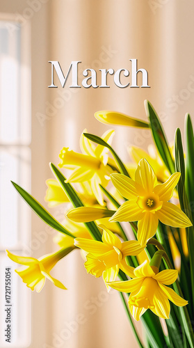 Bright yellow daffodils in bloom, a vibrant symbol of spring's arrival and fresh beginnings, bringing cheer and natural beauty indoors