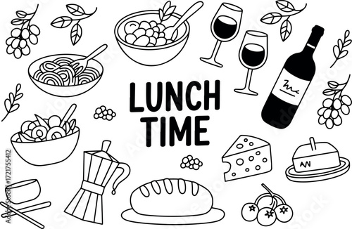 Doodle Style Lunch Time Food and Drink Illustration in Black and White for Creative Designs and Culinary Projects