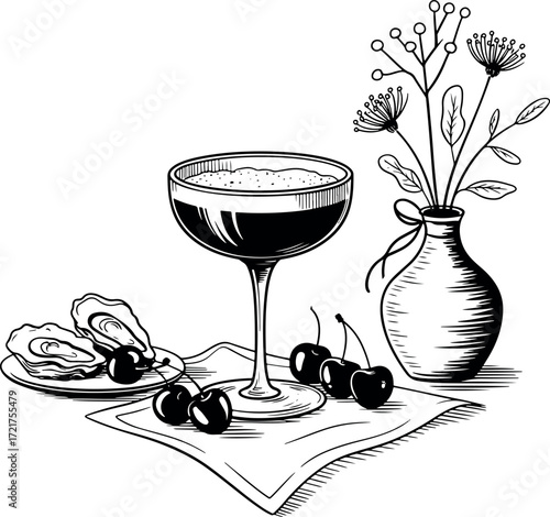 Elegant black and white drawing of cocktail oysters cherries and flowers in a vase on a cloth napkin