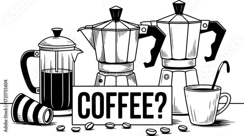 Elegant Coffee Still Life with French Press and Moka Pots in Black and White Graphic Style