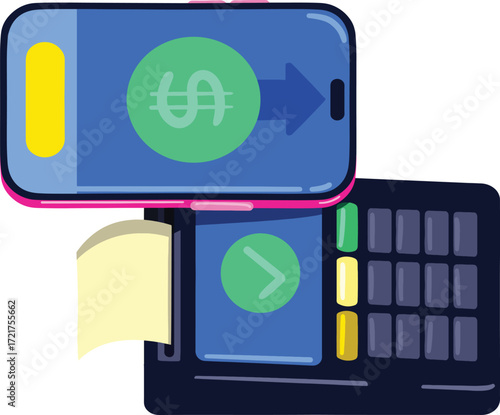 A smartphone displays a dollar sign and arrow hovering over a card reader
