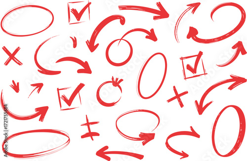 Hand drawn red arrows checks crosses and circles on white background great for emphasizing text or highlighting important information in documents
