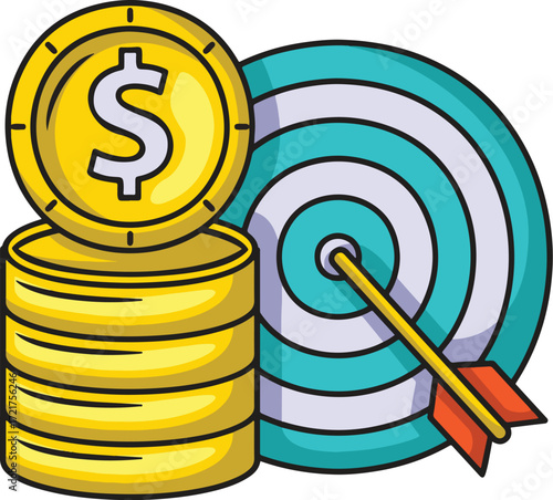 A stack of gold coins with a dollar sign and a dart hitting a bullseye