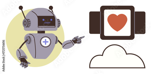 Robot with medical cross gestures at tablet displaying heart above a cloud. Ideal for AI, healthcare, technology, innovation, cloud computing, automation, human connection, simple flat metaphor