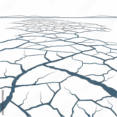 Abstract perspective view of cracked ice floes on a vast frozen landscape with distant horizon line