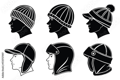 Six Profile Silhouettes Of Men Wearing Different Winter Hats headwear fashion