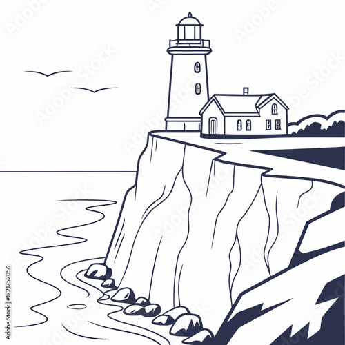 Iconic lighthouse and keeper s house stand proudly on a rugged cliff overlooking the ocean with birds flying