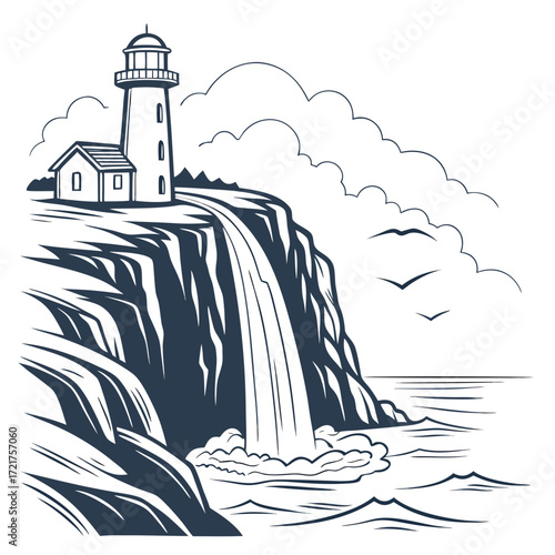 Iconic lighthouse perched on a cliff overlooking a cascading waterfall into the ocean below