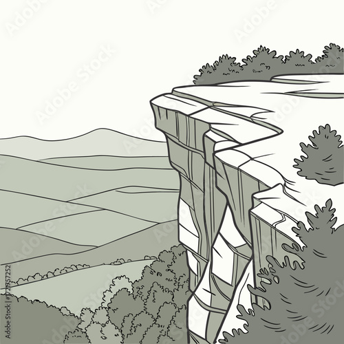 Scenic illustration of a dramatic cliff edge overlooking rolling hills and distant mountains under a pale sky