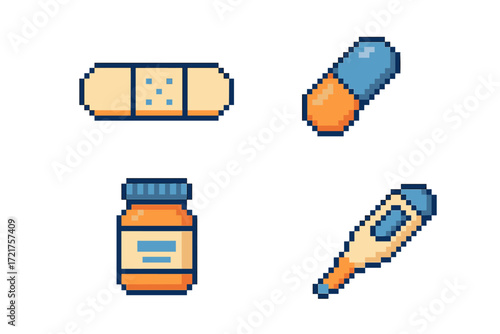 Health care items including a bandage, pill, medicine bottle, and thermometer displayed in pixel art style
