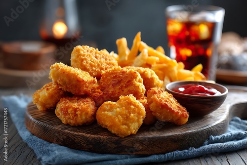 Delicious chicken nuggets and French fries served with a soft drink on a rustic table setting, captured in a close-up food photography style.