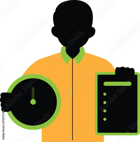 A silhouetted person in an orange shirt holds a clock and a clipboard