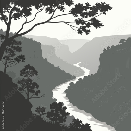 Serene river winding through lush green canyon with dramatic cliffs and silhouetted trees