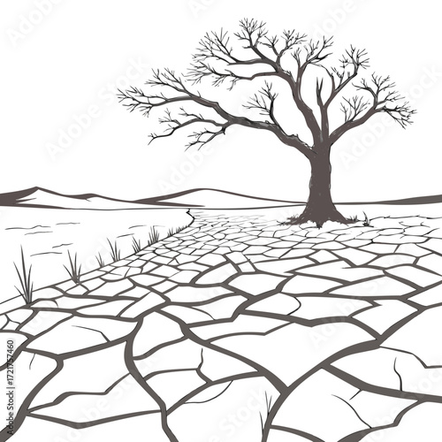 Solitary bare tree stands on cracked dry earth with distant hills and a dry riverbed