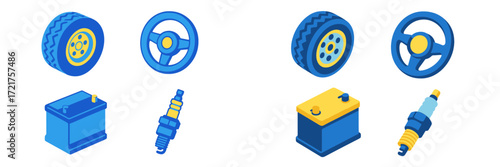 Bright blue car parts display featuring wheels, steering wheels, batteries, and spark plugs in a fun, modern illustration style