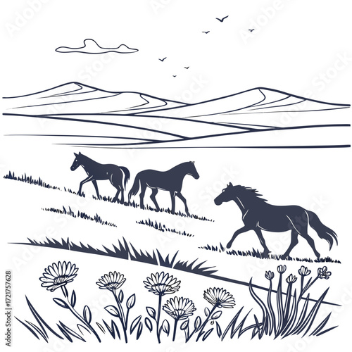 Three dark horses silhouetted on a grassy hill with wildflowers and distant rolling hills under a cloudy sky