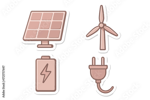 Renewable energy icons representing solar power, wind energy, battery storage, and plug technology for sustainable practices