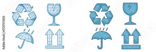 Various geometric symbols representing recycling, protection, and caution displayed in a stylized blue design