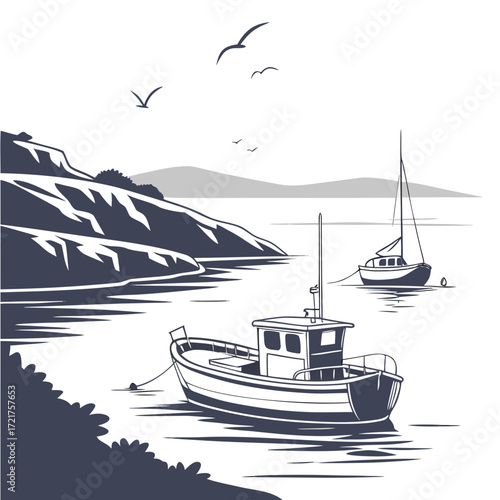 Two boats anchored in a calm bay with a rocky coastline and distant mountains under a sky with seagulls