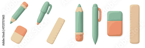 Colorful set of stationery items including pencils, pens, rulers, and erasers arranged neatly on a white surface