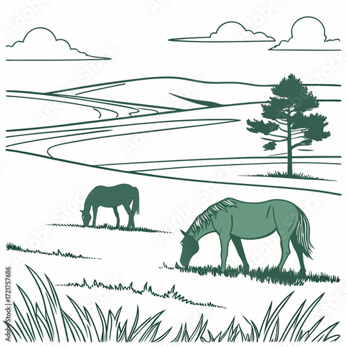Two horses grazing peacefully in a green rolling landscape with a single tree and clouds overhead