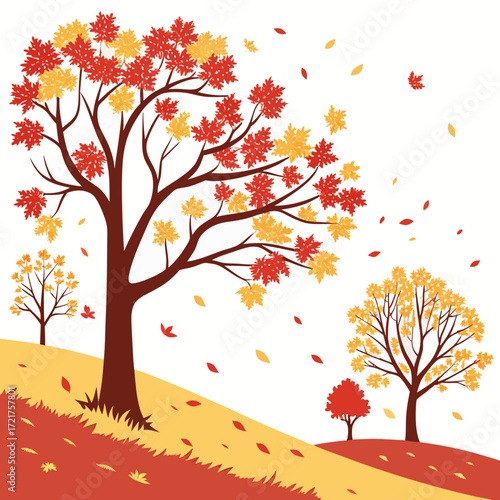 Vibrant autumn trees with red and yellow leaves falling gracefully on a rolling hillside