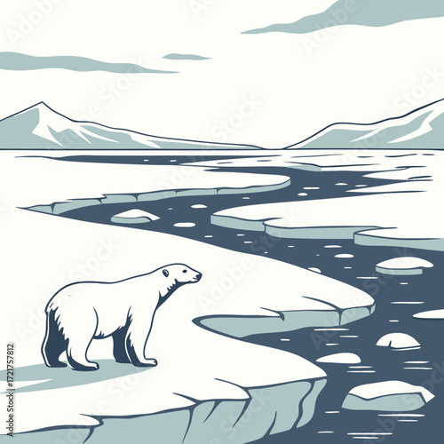A lone polar bear stands on an ice floe in a stark arctic landscape with mountains and clouds
