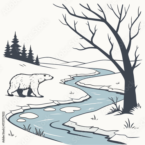 A solitary polar bear walks along the edge of a frozen river in a snowy winter landscape with pine trees