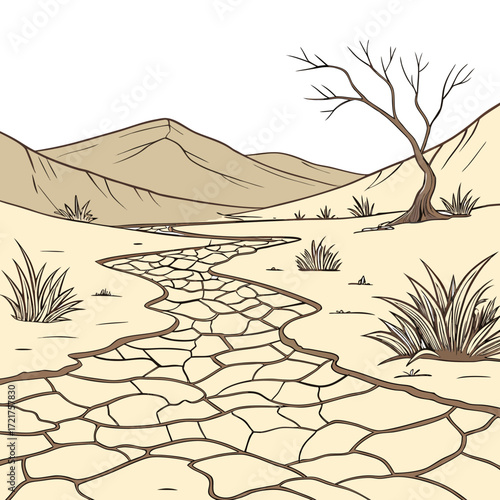 A winding cracked earth path leads through a barren desert landscape with dry grass and a lone dead tree