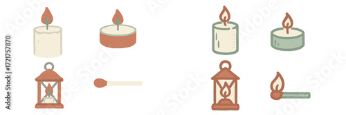Collection of decorative candles, lanterns, and matches for artistic design and cozy ambiance in home decor
