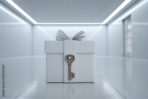 Wallpaper Mural A minimalist white gift box with a silver key in a pristine modern room, symbolizing new opportunities or solutions. Torontodigital.ca
