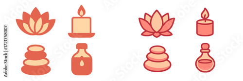 Simple and calming wellness icons featuring lotus flowers, candles, stones, and essential oils arranged in a pleasing layout